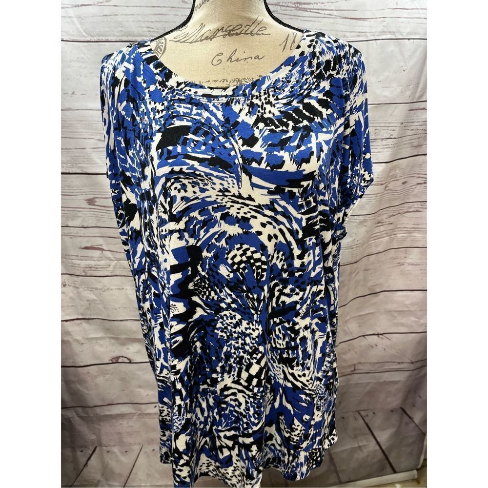 RISE Women Blue Black White Abstract Print Short Sleeve Tunic Top Plus Size 2X - Picture 1 of 3